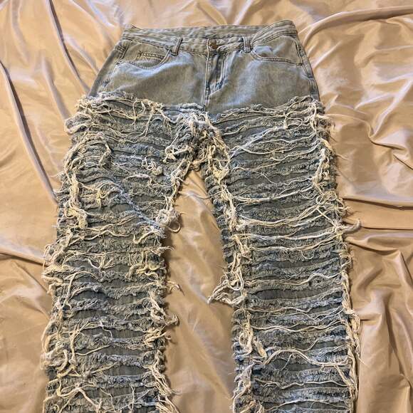 Fashion Nova Denim - Fashion Nova Distressed Light Blue Shredded Jeans